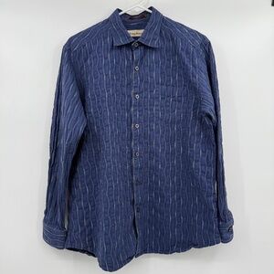 Tommy Bahama Shirt Men Medium Blue Long Sleeve Button Up Silk Blend Embroidered